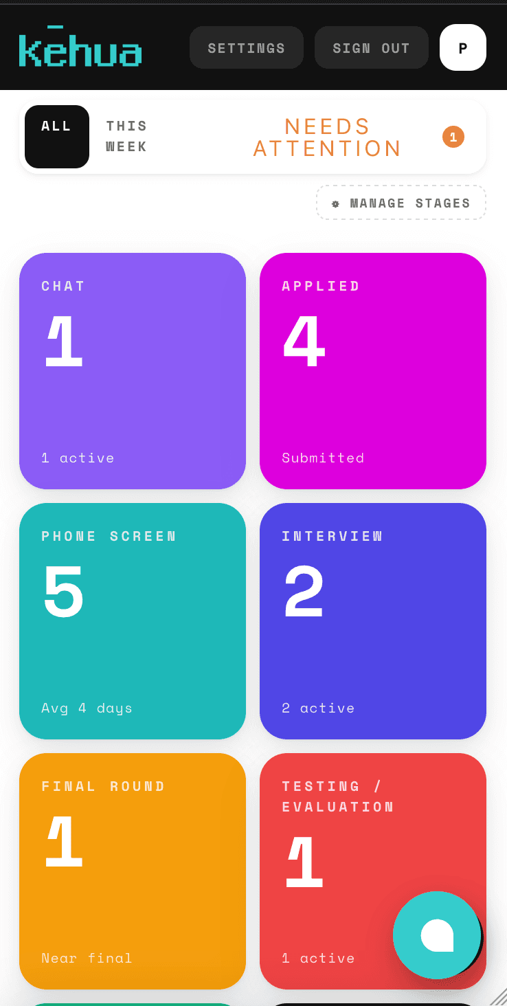 The Kēhua candidate dashboard on mobile